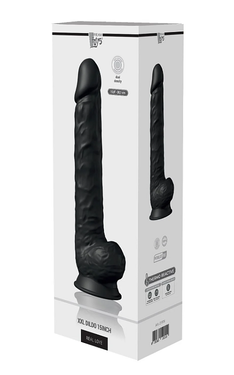 Dream Toys Real Love, Dual Density XXL Hyperealistic Dildo, Thermoreactive, Suction Cup Base, 38cm, Black