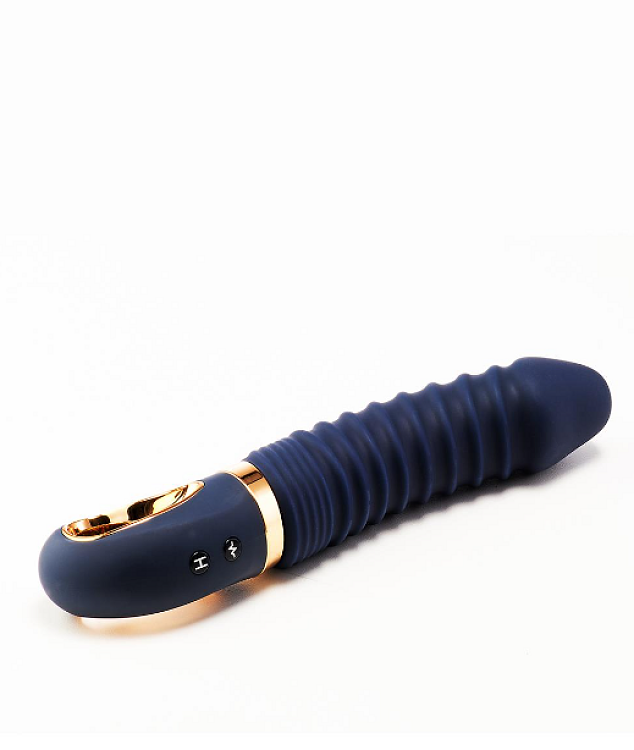 Dream Toys Goddess Collection Νereos, Liquid Silicone Ribbed Vibrator, Θερμαινόμενος δονητής με ραβδώσεις, 23cm, Blue