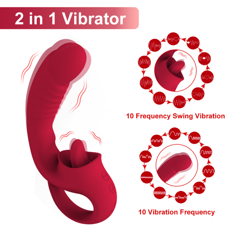 SMD Double Trouble Clitoral Licking and G Spot Vibrator 2-in1, Διπλός Δονητής με 10 Vibrating Modes, Red
