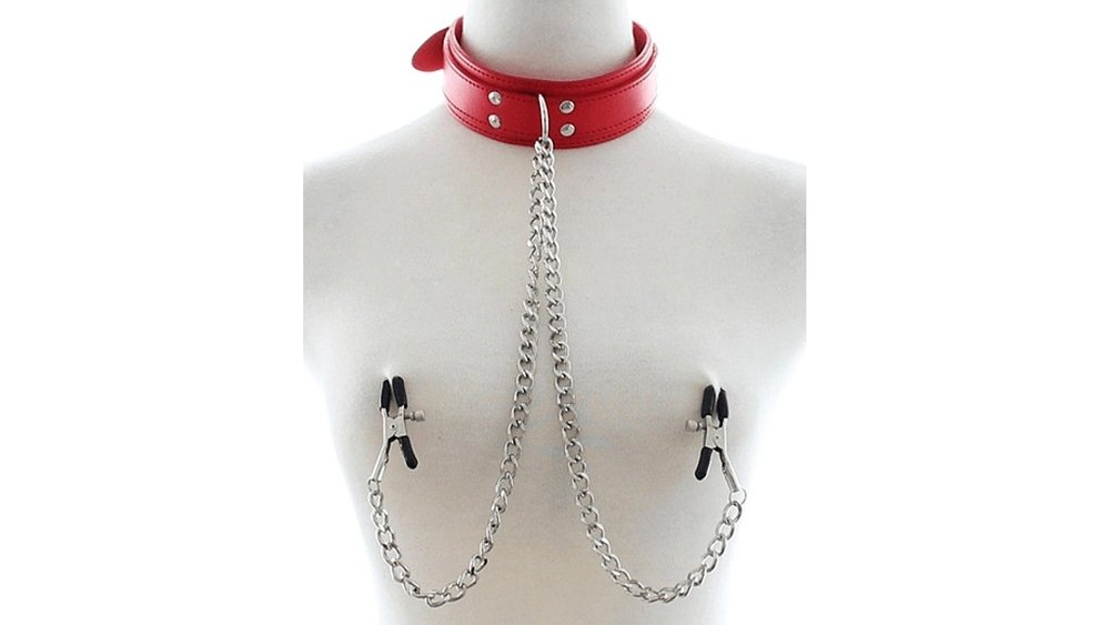 SMD Nachtschicht, Nipple Clamps & Collar with Chain BDSM Set, Σφιγκτήρες Θηλών και Αλυσίδα με Κολάρο, Black/Red