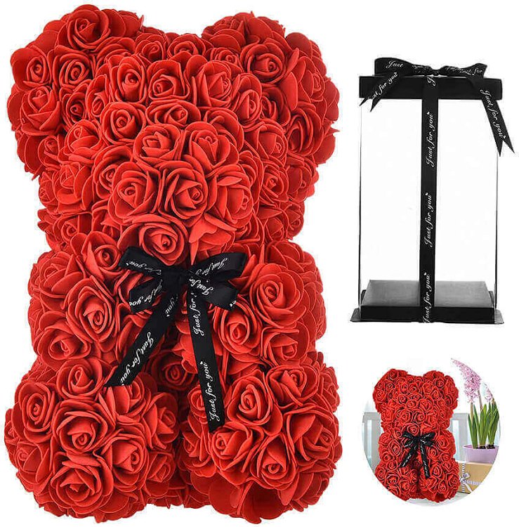 Forever Rose Teddy Love Gift, Χειροποιήτο Διακοσμητικό Αρκουδάκι με Τριαντάφυλλα 25εκ, Red/Κόκκινο