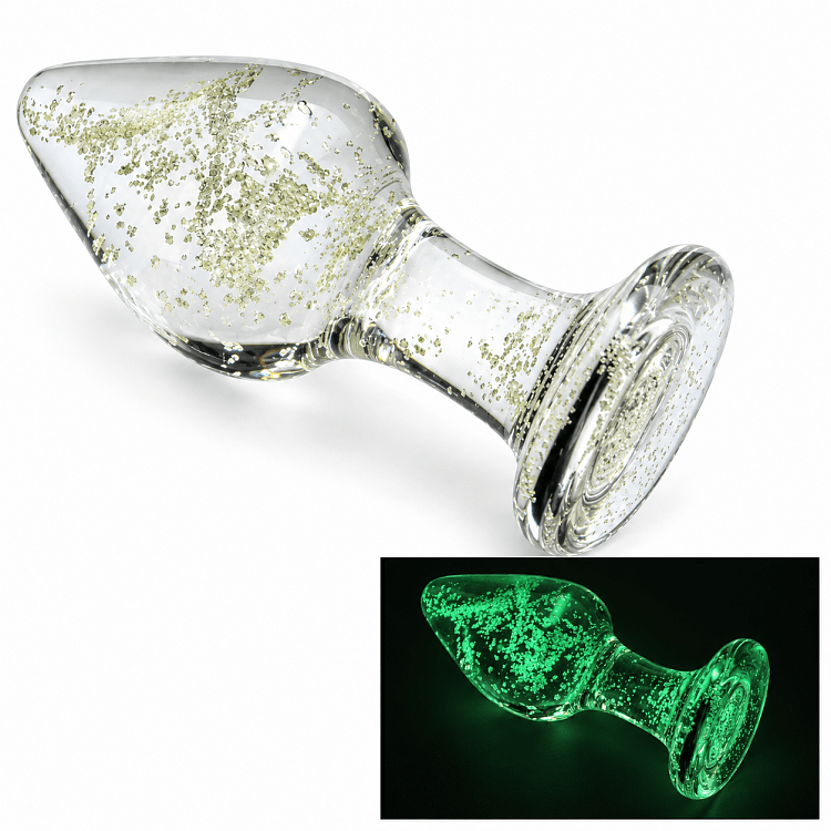 SMD LumiGlow, Glow-in-the-Dark Glass Butt Plug, Φωσφορίζουσα Γυάλινη Πρωκτική Σφήνα 8.5cm, Clear / Green Glow
