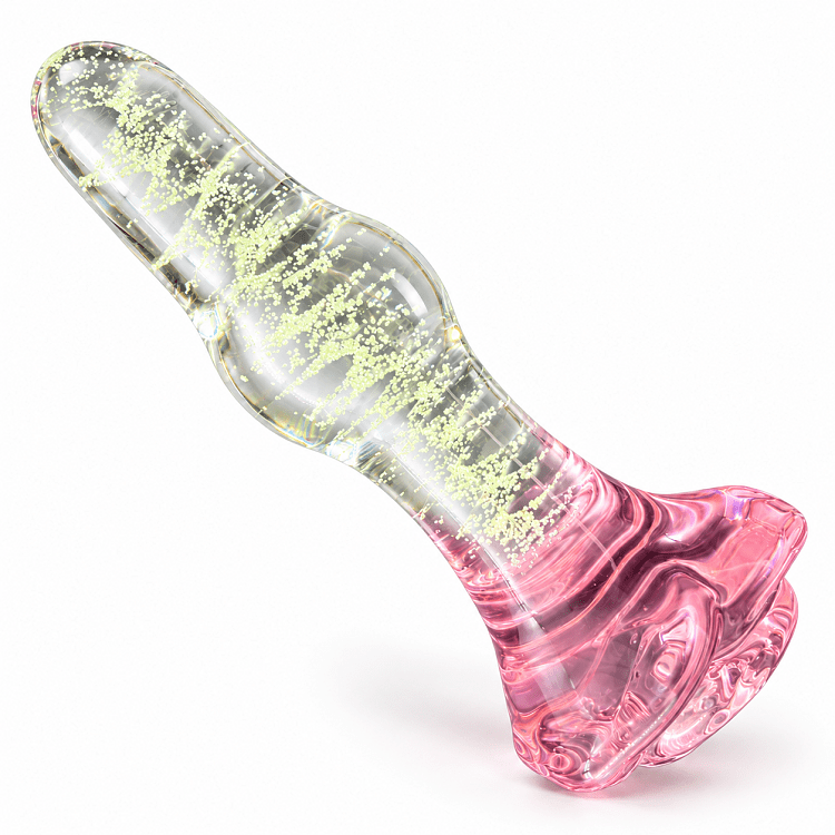 SMD LumiGlow, Glow-in-the-Dark Glass Butt Plug, Φωσφορίζουσα Γυάλινη Πρωκτική Σφήνα με Βάση Τριαντάφυλλο 11cm, Clear / Pink