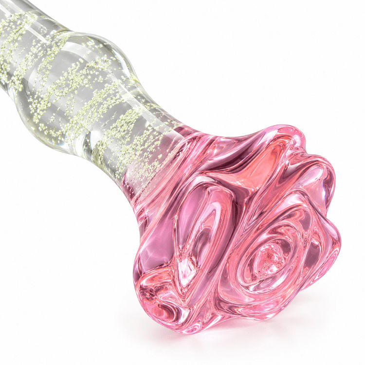 SMD LumiGlow, Glow-in-the-Dark Glass Butt Plug, Φωσφορίζουσα Γυάλινη Πρωκτική Σφήνα με Βάση Τριαντάφυλλο 11cm, Clear / Pink