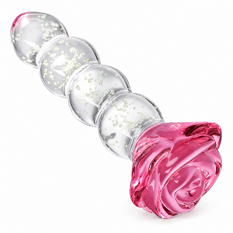 SMD LumiGlow Beads, Glow-in-the-Dark Glass Butt Plug, Φωσφορίζουσα Γυάλινη Πρωκτική Σφήνα με Βάση Τριαντάφυλλο 12.5cm