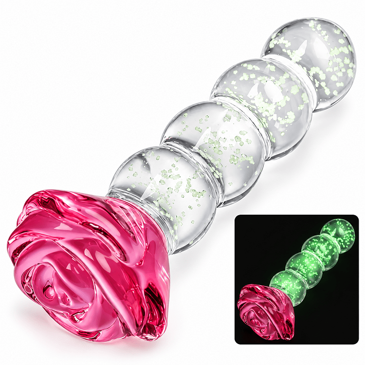 SMD LumiGlow Beads, Glow-in-the-Dark Glass Butt Plug, Φωσφορίζουσα Γυάλινη Πρωκτική Σφήνα με Βάση Τριαντάφυλλο 12.5cm