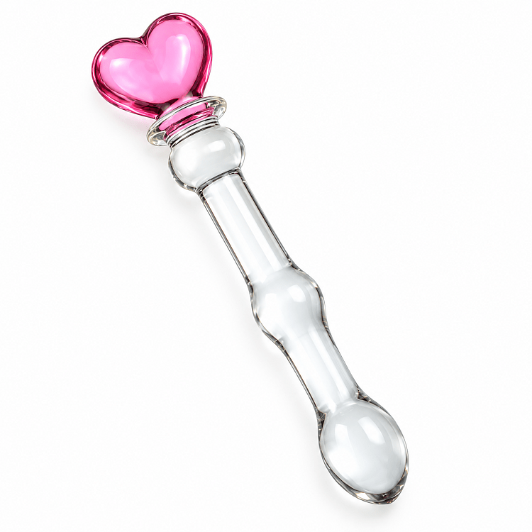 SMD Crystal Pleasure Wand, Glass Dildo with Heart Handle, Γυάλινο Dildo με Λαβή Καρδιά, Clear / Pink
