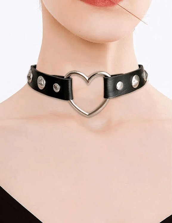 SMD Burning Heart, Rivet & Leather Heart Choker with Adjustable Strap, Black