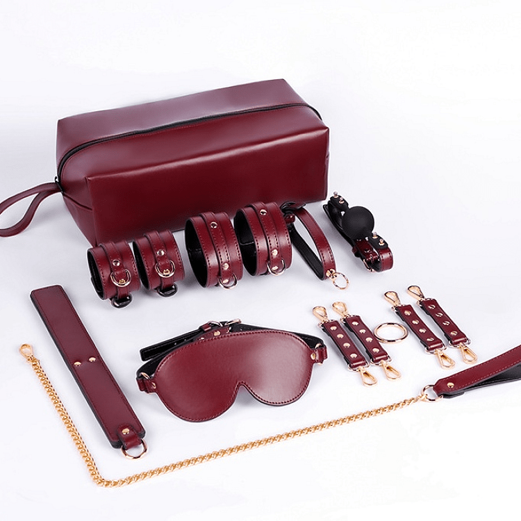 SMD House of Discipline Luxury BDSM Set with Collar & Leash, Wrist/Ankle Cuffs, Ball-Gag, Blindfold + Storage Bag, Burgundy