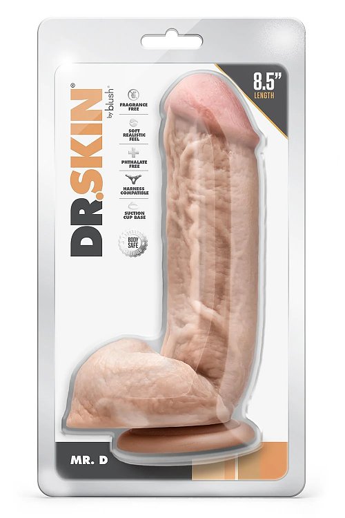 Dr Skin Mr. D, Realistic Dildo with Balls, Ρεαλιστικό Ομοιώμα Πέους με Όρχεις και Βεντούζα, 21.5cm, Beige