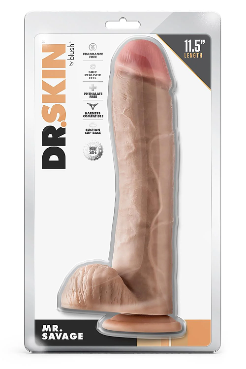 Dr Skin Mr. Savage, Realistic Dildo with Balls, Ρεαλιστικό Ομοιώμα Πέους με Όρχεις και Βεντούζα, 29cm, Beige