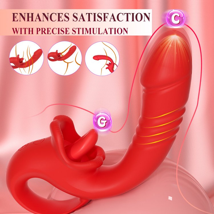 SMD Double Trouble Thruster Clitoral Licking & G-Spot Thrusting Vibrator, Διπλός Δονητής 10 Licking & Thrusting Modes, Red