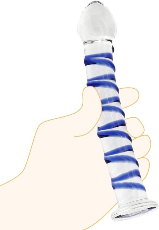 SMD Celestial, Glass Dildo with Blue Raised Spiral Texture & Mushroom Tip 17cm, Clear / Blue