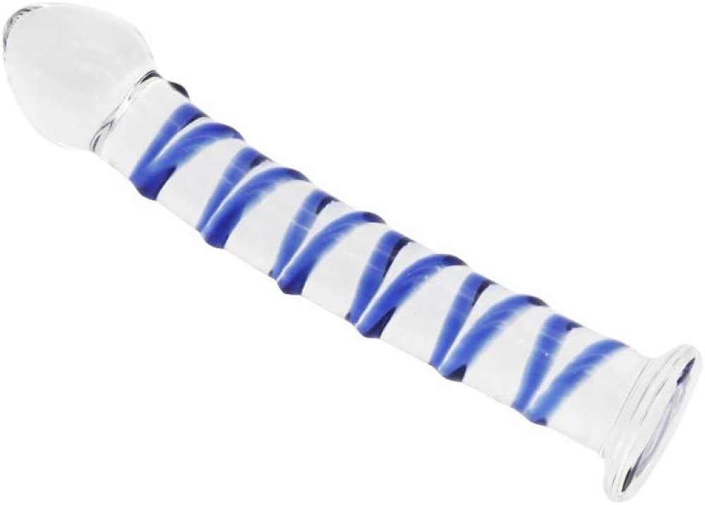 SMD Celestial, Glass Dildo with Blue Raised Spiral Texture & Mushroom Tip 17cm, Clear / Blue