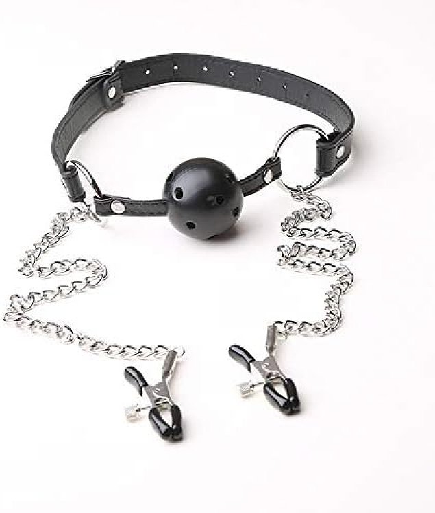 SMD Broken Will, Silicone Breathable Ball Gag with Chained Nipple Clamps, BDSM Set Φίμωτρο και Σφιγκτήρες Θηλών, Black