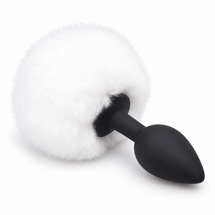 SMD Fluffy Silicone Butt Plug with Faux Fur Pompom, Πρωκτική Σφήνα Σιλικόνης με Απαλή Φούντα S 7cm, Black / White