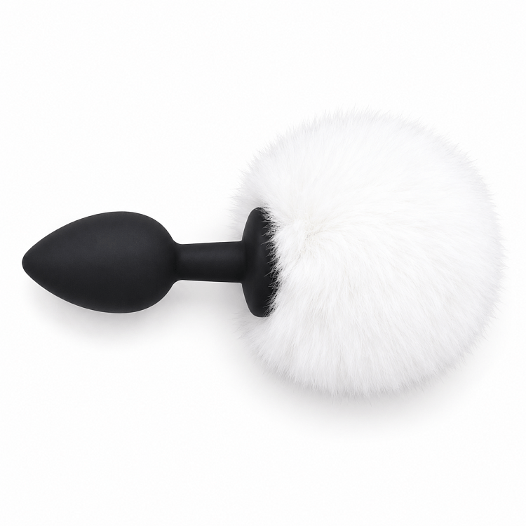 SMD Fluffy Silicone Butt Plug with Faux Fur Pompom, Πρωκτική Σφήνα Σιλικόνης με Απαλή Φούντα S 7cm, Black / White