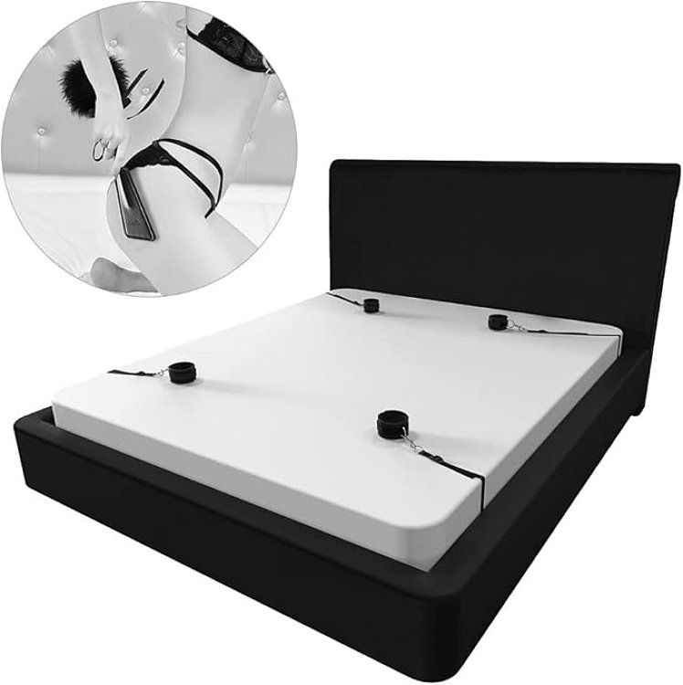 SMD Immobiliser, BDSM Bed Restraint System, με Ιμάντες, Χειροπέδες, Μάσκα και Tickler, Black