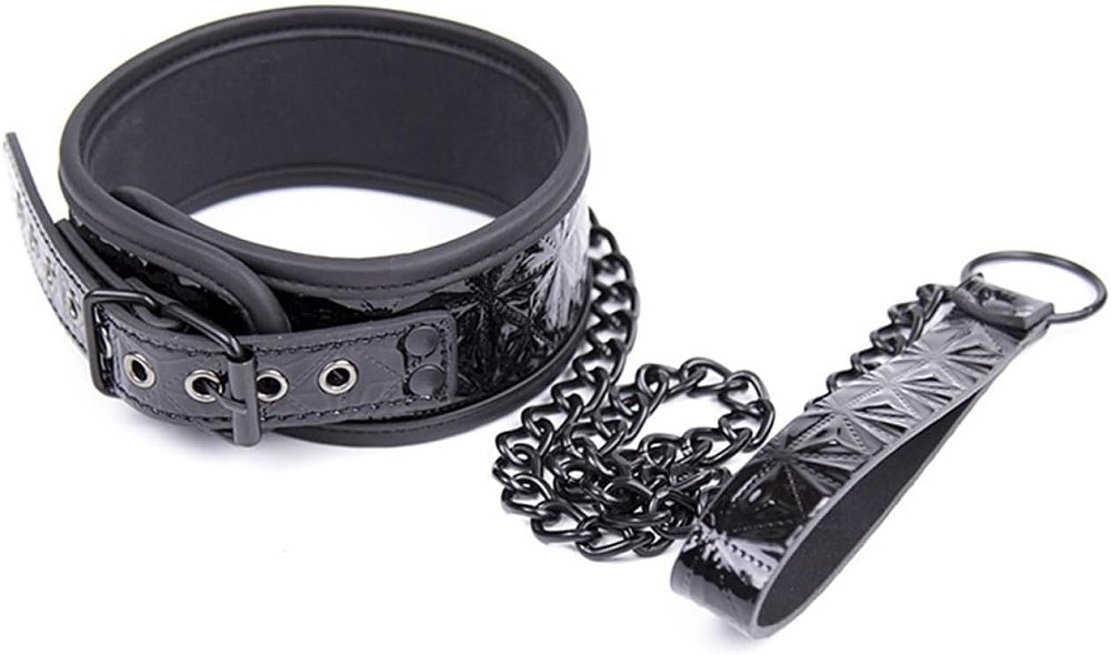 SMD NoirGuard, Leather Choker and Chain Leash, Περιλαίμιο με Λουρί Αλυσίδας, Black