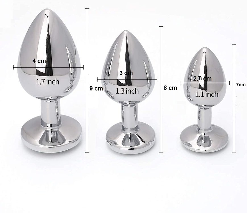 SMD Analyzer Triple, Butt Plug Set, Anal Wedge Set of 3 (S / M / L), Silver / Pink Diamond