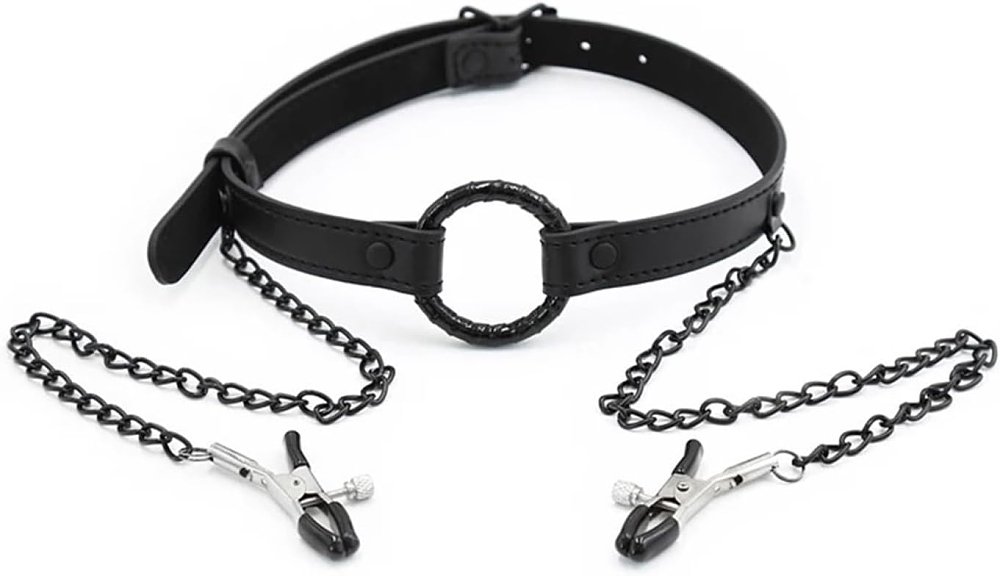 SMD Good Hoe, Mouth Gag with Nipple Clamps, BDSM Set Leather Gag and Nipple Clamps