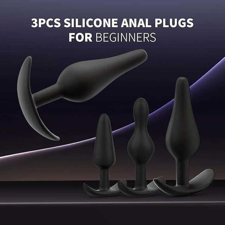 SMD Butt Plug Set For Beginners, Πρωκτική Σφήνα από Σιλικόνη, Σετ των 3 (S / M / L ), Black