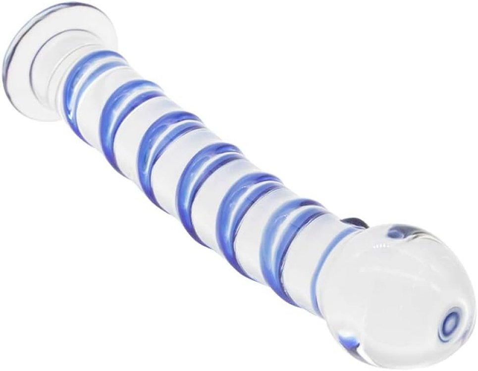SMD Celestial, Glass Dildo with Blue Raised Spiral Texture & Mushroom Tip 17cm, Clear / Blue