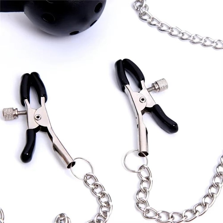 SMD Moanifesto, Mouth Gag with Nipple Clamps, BDSM Set Leather Φίμωτρο και Σφιγκτήρες Θηλών