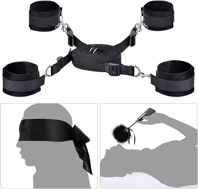SMD Immobiliser, BDSM Bed Restraint System, με Ιμάντες, Χειροπέδες, Μάσκα και Tickler, Black