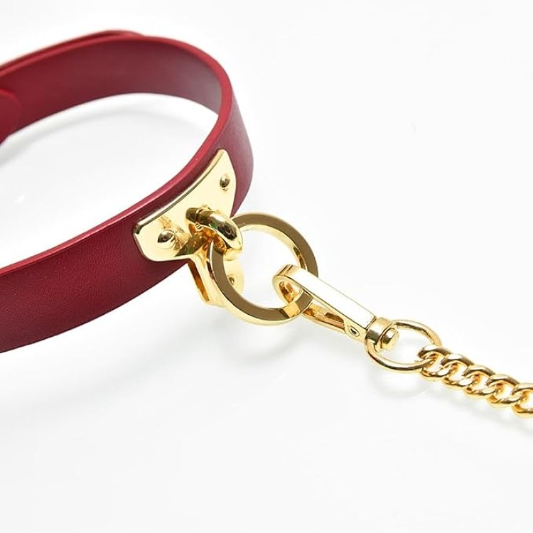 SMD Minx, SM Adjustable Leather Neck Chocker Collar with Chain Leash, Submissive Κολάρο με Λουρί, Black/Red