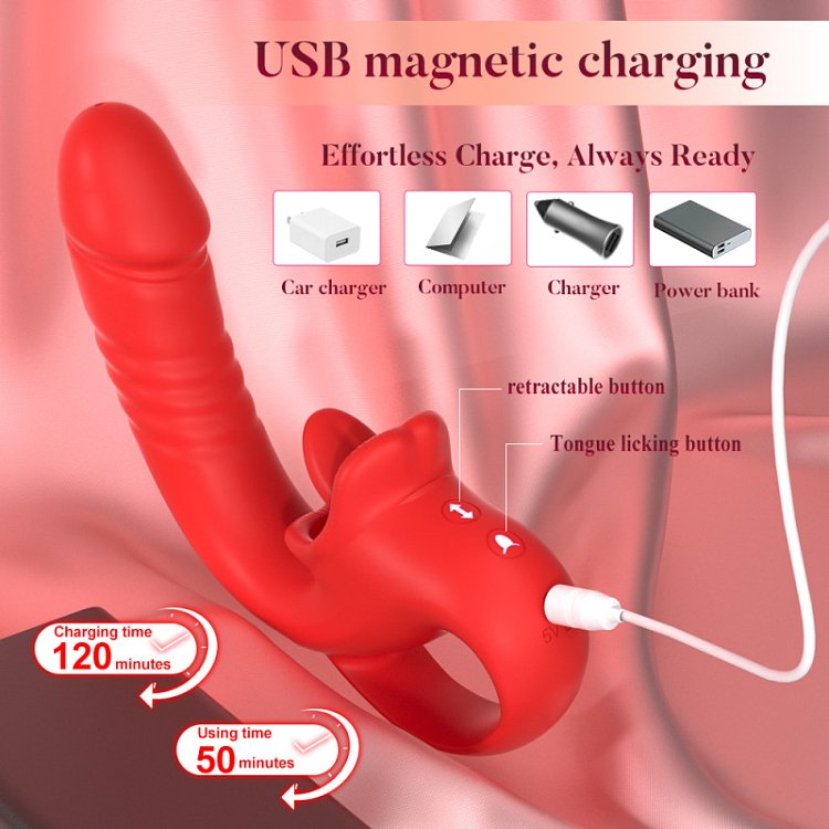 SMD Double Trouble Thruster Clitoral Licking & G-Spot Thrusting Vibrator, Διπλός Δονητής 10 Licking & Thrusting Modes, Red