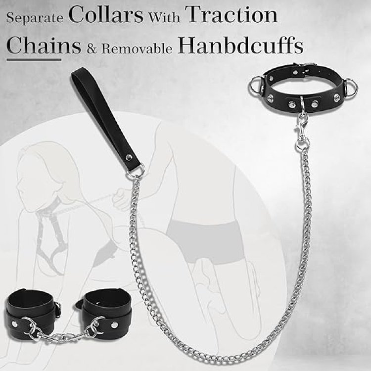 SMD Maitresse Asservie, Bondage Breast Harness with Adjustable Handcuffs, Collar & Leash, Black