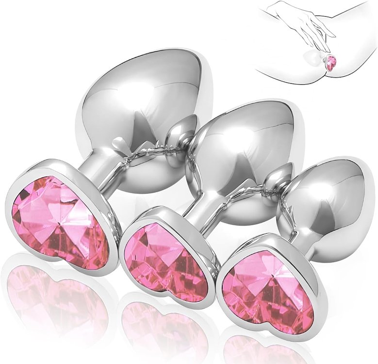 SMD Analyzer Triple, Butt Plug Set, Πρωκτική Σφήνα Σετ των 3 (S / M / L ), Silver / Pink Heart