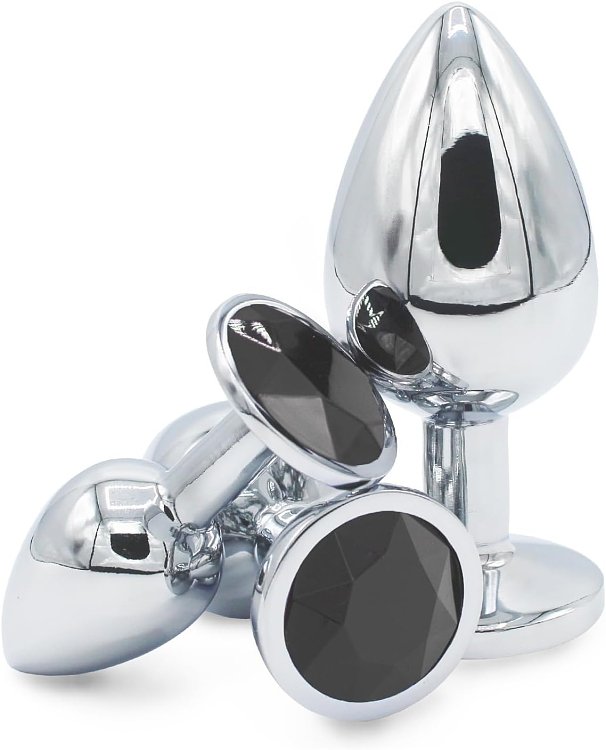 SMD Analyzer Triple Butt Plug Set, Πρωκτική Σφήνα Σετ των 3 (Small / Medium / Large ), Silver / Black Diamond