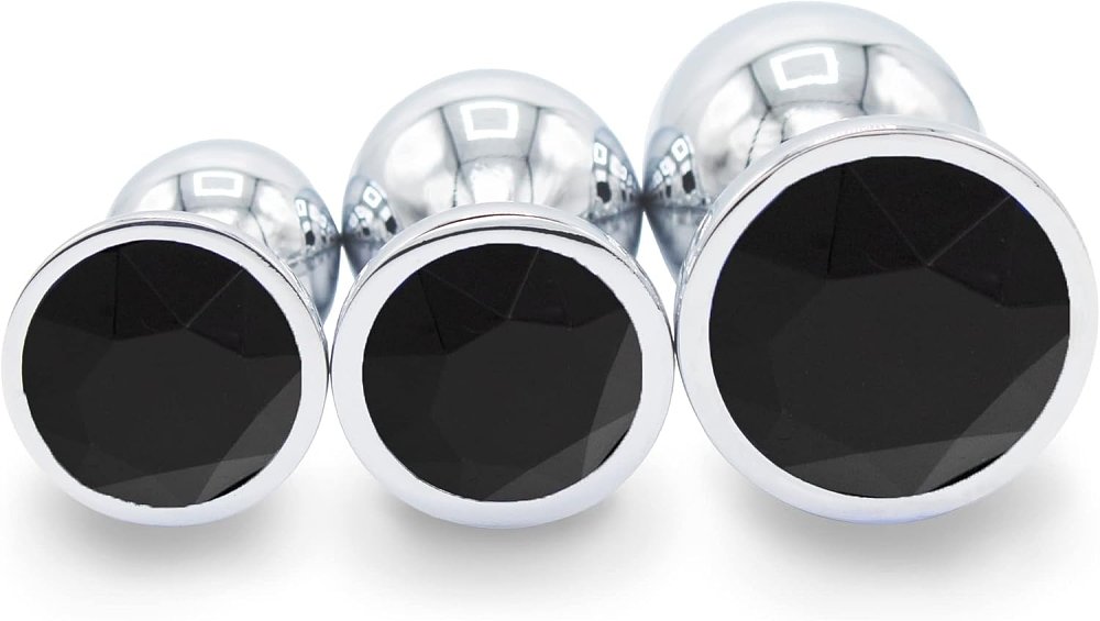 SMD Analyzer Triple Butt Plug Set, Πρωκτική Σφήνα Σετ των 3 (Small / Medium / Large ), Silver / Black Diamond
