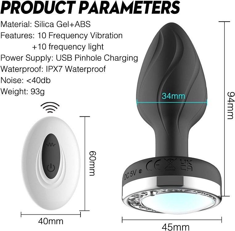 SMD Vibra Plug Light Up, Remote Controlled Led Butt Plug Vibrator, Πρωκτική Led Σφήνα με Δόνηση με Χειρισμό μέσω Remote, Black