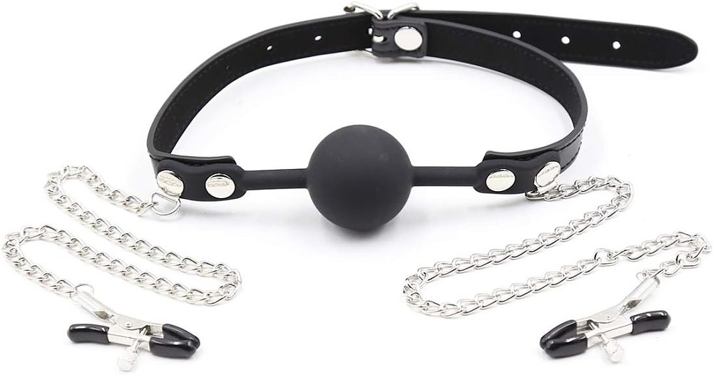SMD Broken Will, Silicone Ball Gag with Chained Nipple Clamps, BDSM Set Leather Φίμωτρο και Σφιγκτήρες Θηλών, Black