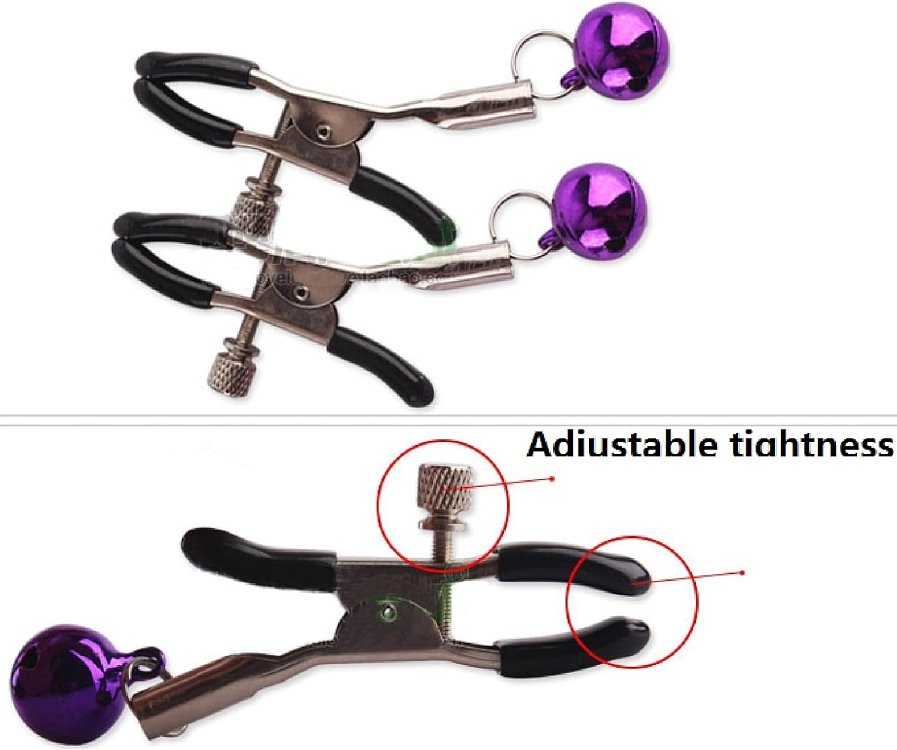 SMD Erster Kontakt Adjustable Nipple Clamps With Bell, BDSM Ρυθμιζόμενοι Σφιγκτήρες Θηλών, Purple