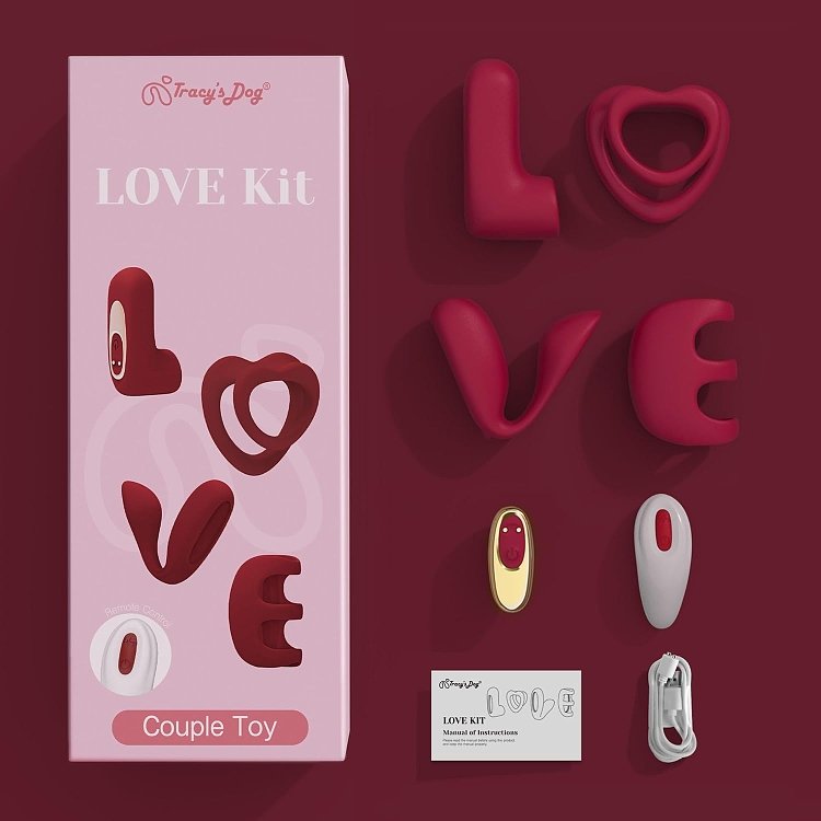 Tracy's Dog LOVE Remote Couple Interactive Kit, Dual Cock Ring, Couple & Finger Vibrator with Vibrating Bullet, Red