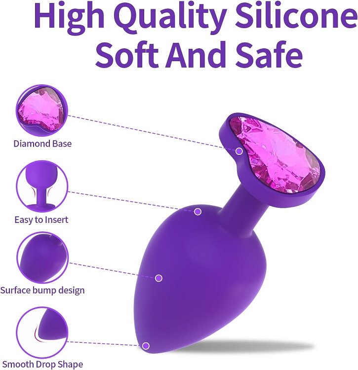 SMD Heart Silicone Butt plug, Πρωκτική Σφήνα Σιλικόνης, 7cm, Small, Deep Purple