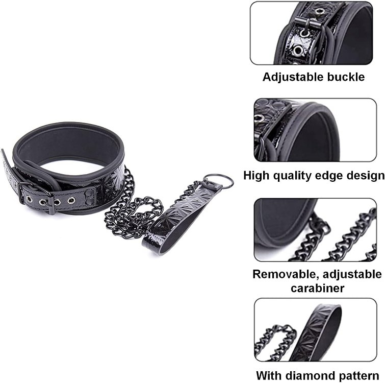 SMD NoirGuard, Leather Choker and Chain Leash, Περιλαίμιο με Λουρί Αλυσίδας, Black