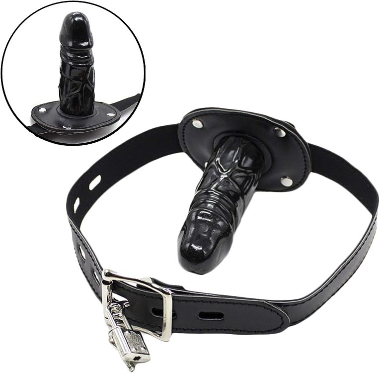 SMD Lockable Mouth Gag Dildo, Δερμάτινη Ζώνη με Φίμωτρο, Black