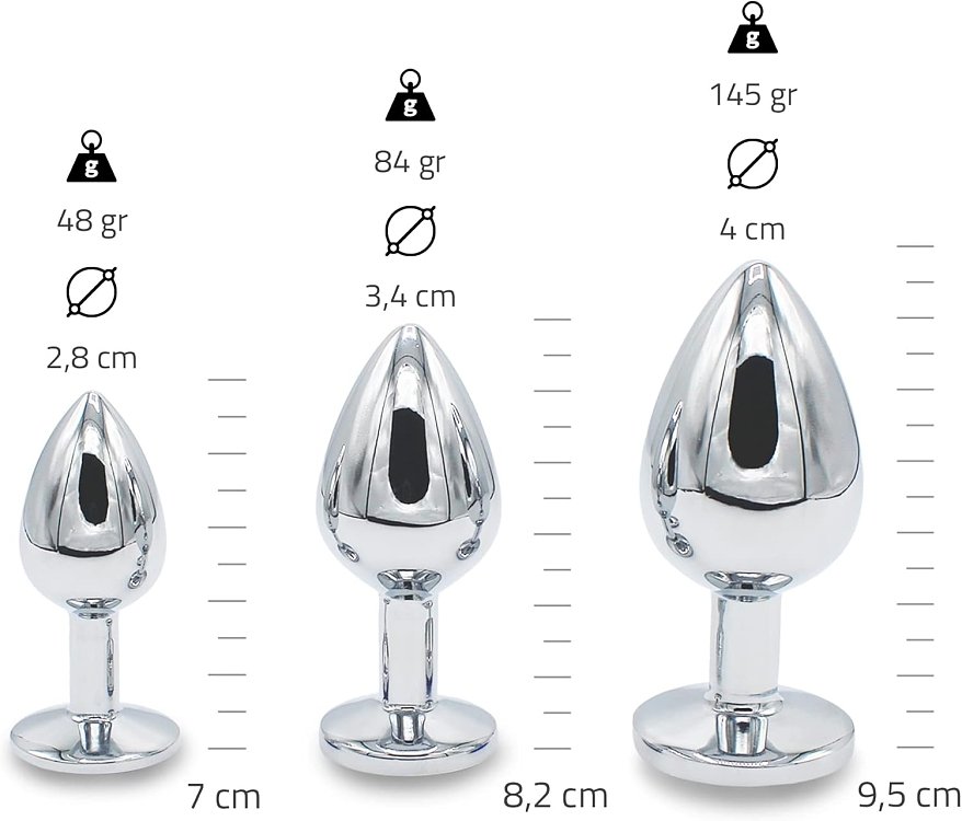 SMD Analyzer Triple Butt Plug Set, Πρωκτική Σφήνα Σετ των 3 (Small / Medium / Large ), Silver / Black Diamond