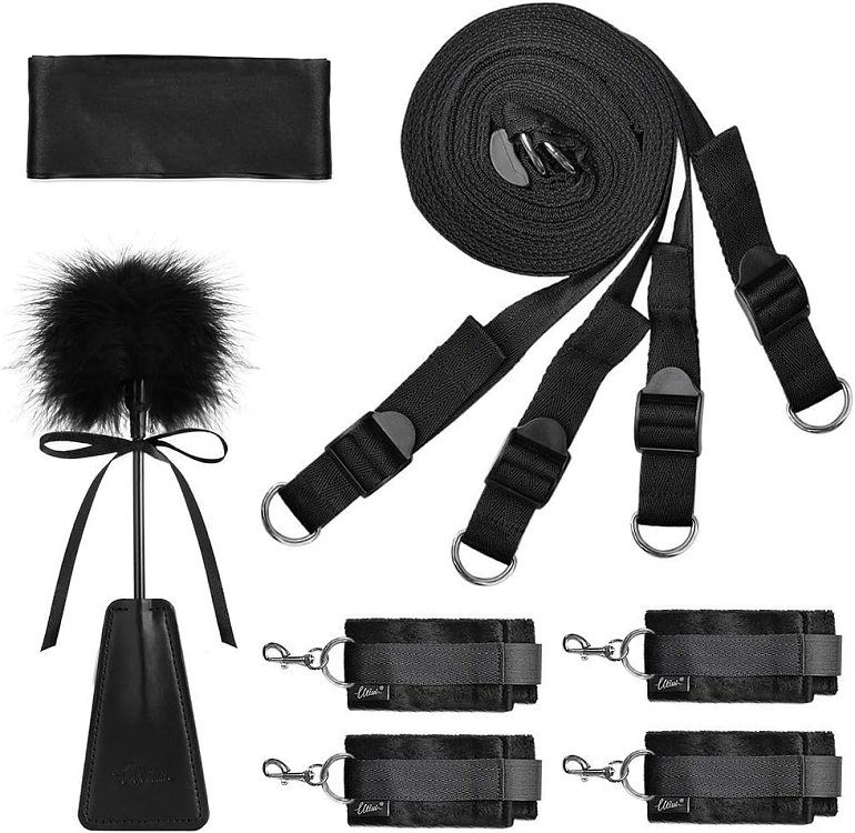 SMD Immobiliser, BDSM Bed Restraint System, με Ιμάντες, Χειροπέδες, Μάσκα και Tickler, Black