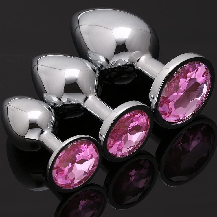 SMD Analyzer Triple Butt Plug Set, Πρωκτική Σφήνα Σετ των 3 (Small / Medium / Large ), Silver / Pink Diamond