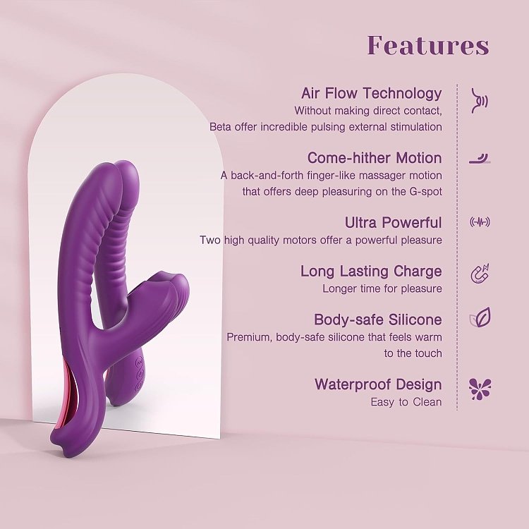 Tracy's Dog Beta Rabbit 3-in-1 Sucking Swing Vibrator, 3 Suction & 10 Vibration Modes, Purple
