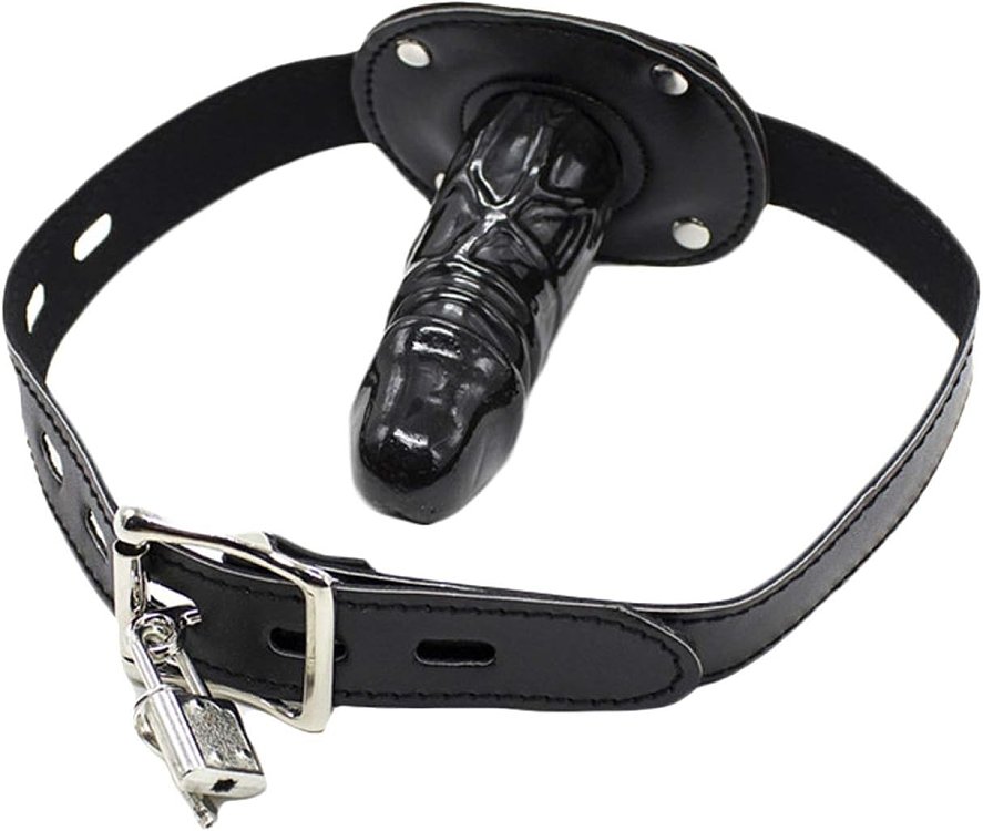 SMD Lockable Mouth Gag Dildo, Δερμάτινη Ζώνη με Φίμωτρο, Black