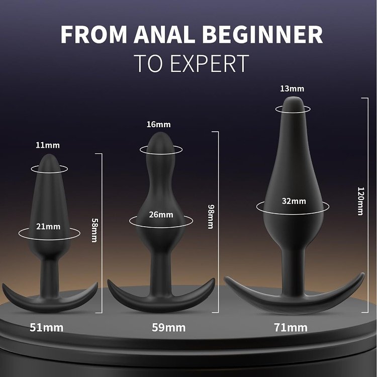 SMD Butt Plug Set For Beginners, Πρωκτική Σφήνα από Σιλικόνη, Σετ των 3 (S / M / L ), Black