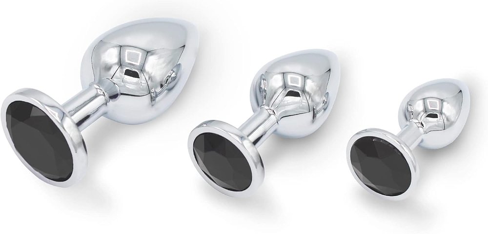 SMD Analyzer Triple Butt Plug Set, Πρωκτική Σφήνα Σετ των 3 (Small / Medium / Large ), Silver / Black Diamond