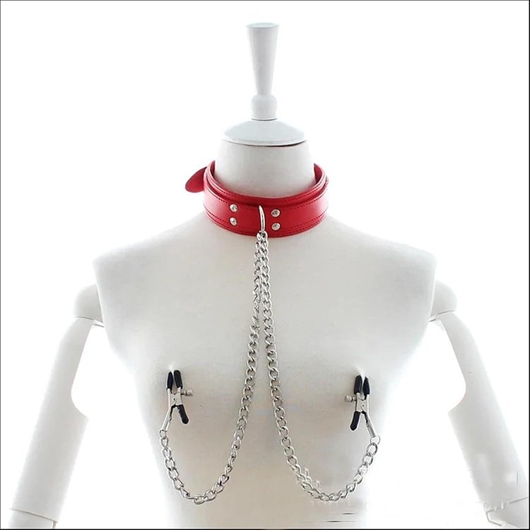 SMD Nachtschicht, Nipple Clamps & Collar with Chain BDSM Set, Σφιγκτήρες Θηλών και Αλυσίδα με Κολάρο, Black/Red
